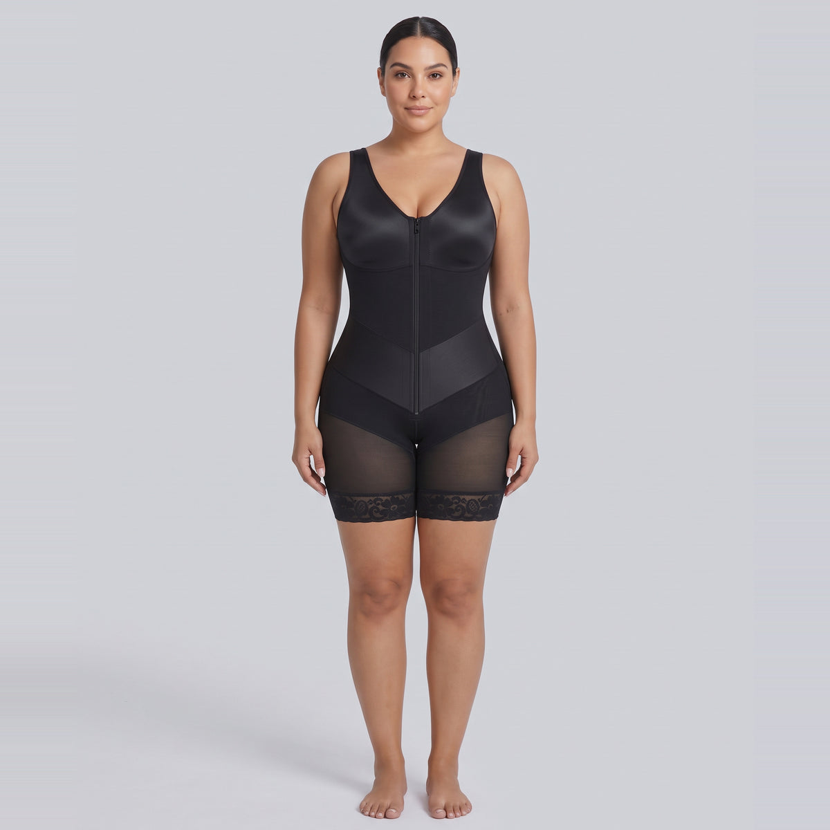Model wearing the black V-Lock shaping bodysuit, front view