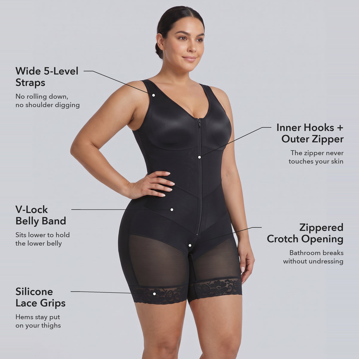 Features: straps, V-Lock band, inner hooks and zipper, crotch opening, lace grips