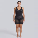 Model wearing the black V-Lock shaping bodysuit, front view